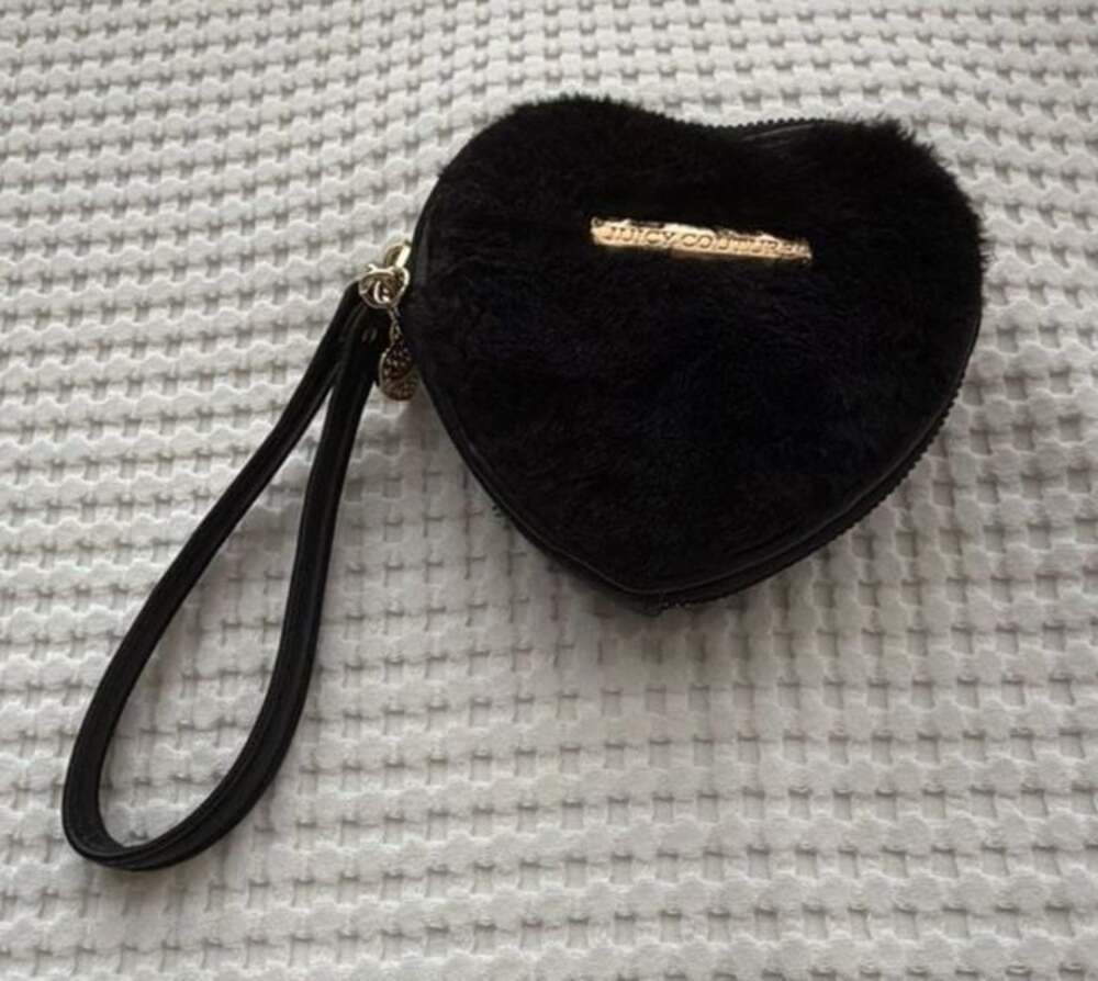 Juicy Couture Black Faux Fur Heart-Shaped Wristlet Pouch